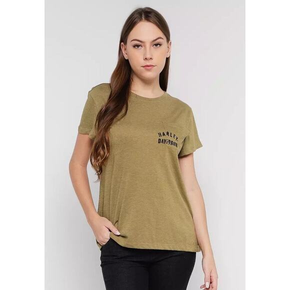 Harley Davidson Women’s Large T Shirt Olive Tour Of Duty Pocket Relaxed Fit Tee - Picture 2 of 9